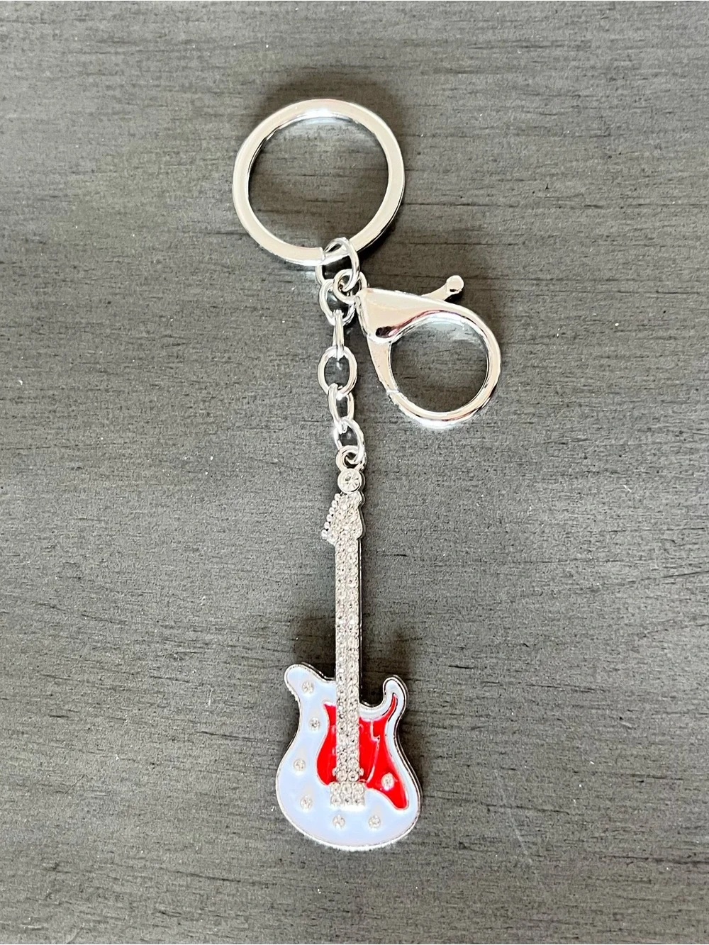 Red & White Enamel Electric Guitar Rhinestone Silver Keychain 3.5